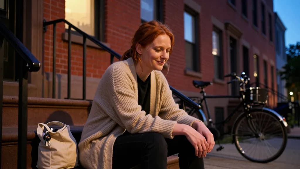 A white woman in her mid thirties with red hair in a loose plait is sitting on the front steps of a red-brick apartment building at dusk, a canvas bag and a…