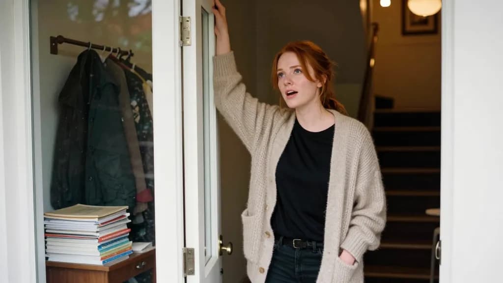 A white woman in her mid thirties with red hair in a loose plait is standing in her open front doorway saying goodbye to someone out of frame, a coat rack lo…
