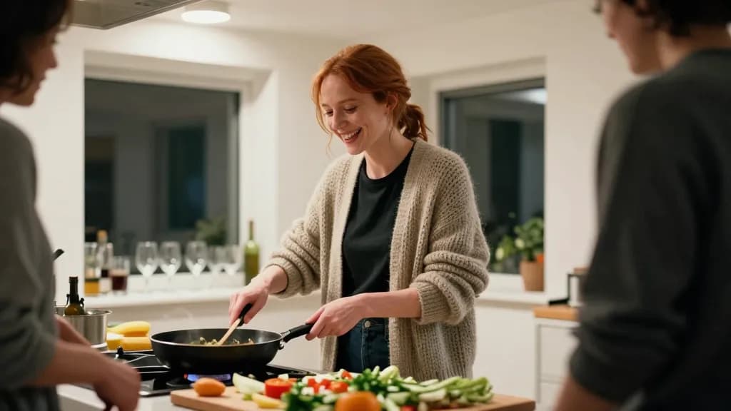 A white woman in her mid thirties with red hair in a loose plait is in a small busy kitchen cooking with two friends, pans on the hob and chopped vegetables…