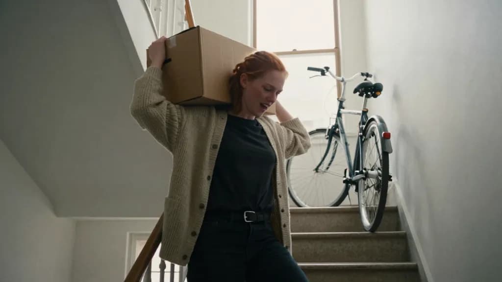 A white woman in her mid thirties with red hair in a loose plait is halfway up a communal stairwell carrying a cardboard box on one hip, a bicycle propped on…