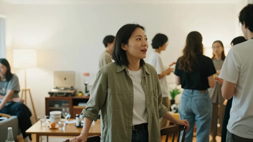 An East Asian woman in her mid thirties with dark hair in a short bob is in the middle of a crowded house party in a front room, people in loose knots around…