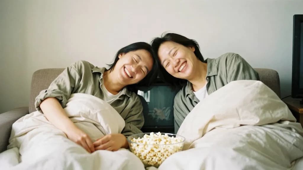 An East Asian woman in her mid thirties with dark hair in a short bob is squashed shoulder to shoulder with her sister on a small sofa, both of them in the s…