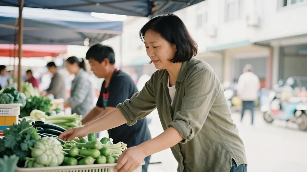 An East Asian woman in her mid thirties with dark hair in a short bob is working a busy market stall alongside one colleague, crates of vegetables stacked in…