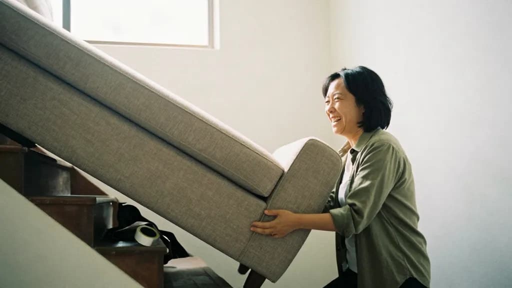 An East Asian woman in her mid thirties with dark hair in a short bob is halfway up a narrow stairwell manoeuvring a heavy sofa with a friend, the sofa wedge…