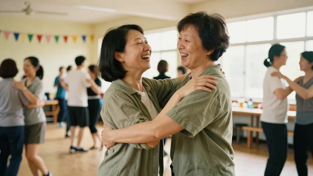 An East Asian woman in her mid thirties with dark hair in a short bob is dancing with a partner in a busy community hall, other couples moving around them, a…