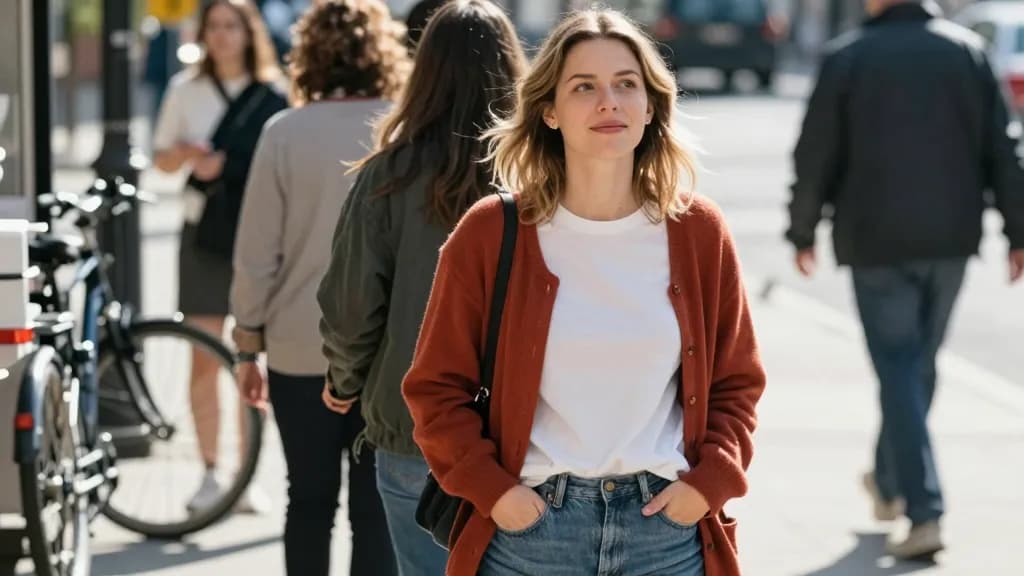 A white woman in her late twenties with shoulder-length dark blonde hair is standing in a short queue at a coffee cart on a city pavement, a phone held face-…