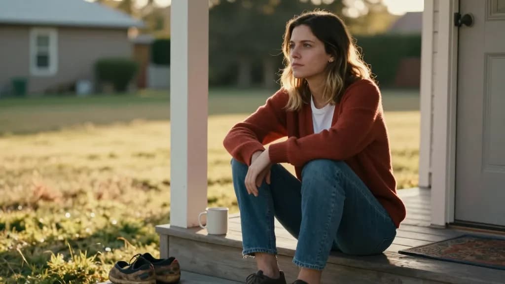 A white woman in her late twenties with shoulder-length dark blonde hair is sitting on the wooden steps of a back porch in the early evening, a mug set down…
