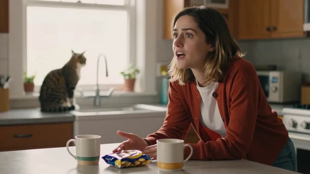 A white woman in her late twenties with shoulder-length dark blonde hair is at a kitchen table across from a friend late in the afternoon, two mugs and an op…