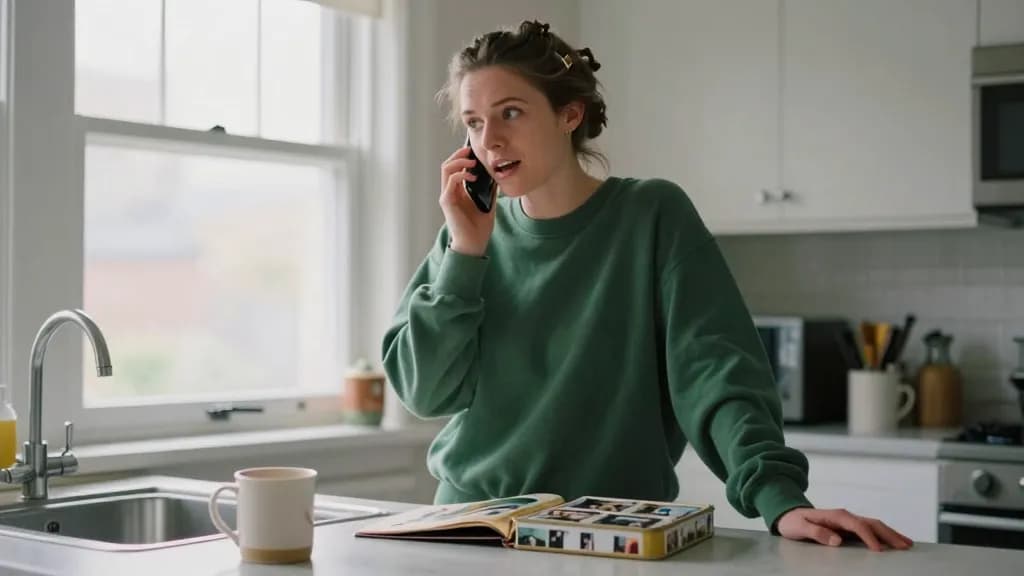 A white woman in her mid thirties with hair twisted up in a claw clip is standing at a kitchen counter on the phone, an old biscuit tin of photographs open i…