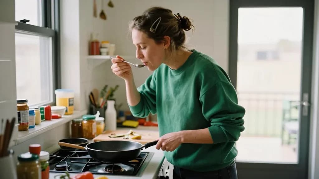 A white woman in her mid thirties with hair twisted up in a claw clip is cooking at a stove without a recipe, pans going and a chopping board of trimmings pu…