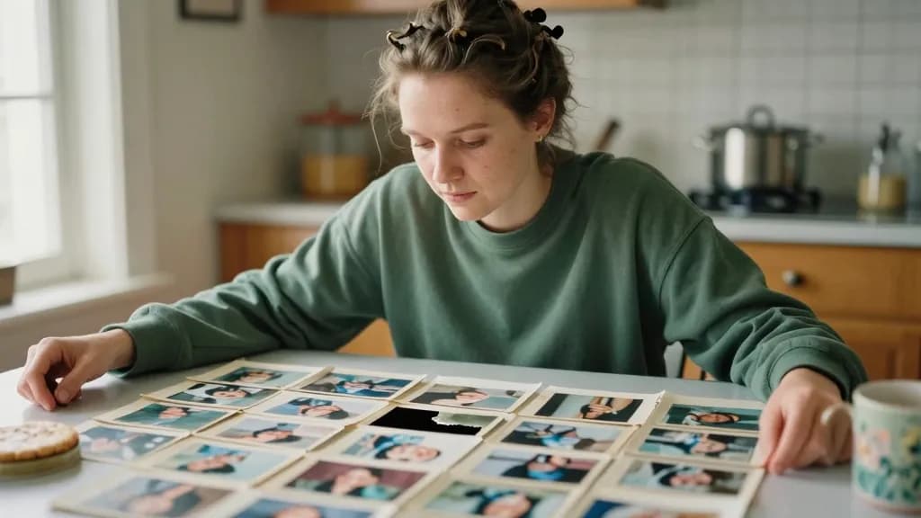 A white woman in her mid thirties with hair twisted up in a claw clip is sitting at a kitchen table with old photographs spread across it, a biscuit tin lid…
