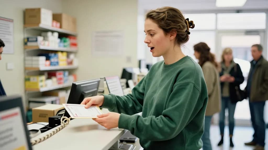 A white woman in her mid thirties with hair twisted up in a claw clip is standing at a post office counter sliding a stamped envelope across to the clerk, a…