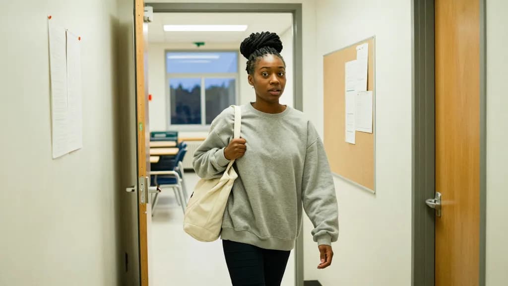 A Black woman in her mid twenties with braids pulled into a high bun is arriving at an evening class in a community centre corridor, pinboards along one wall…