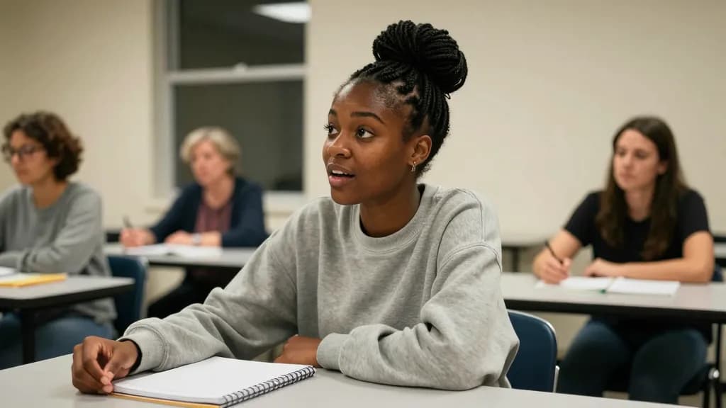 A Black woman in her mid twenties with braids pulled into a high bun is sitting at a table in a small adult evening class, a spiral notebook open in front of…