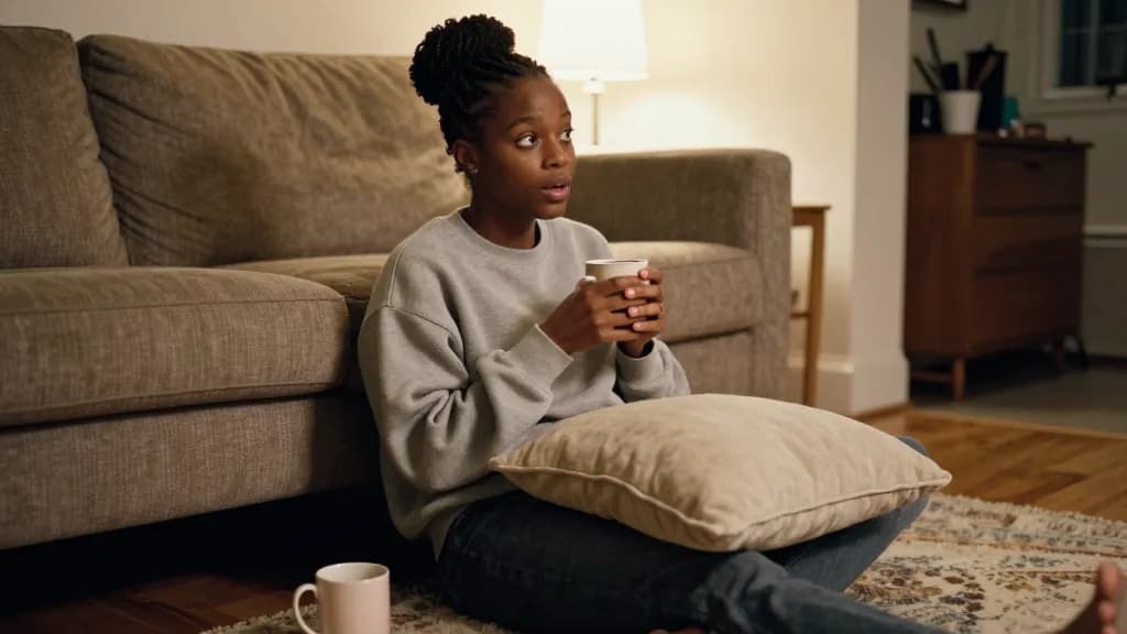 A Black woman in her mid twenties with braids pulled into a high bun is sitting on the floor of her flat with her back against the sofa late in the evening,…