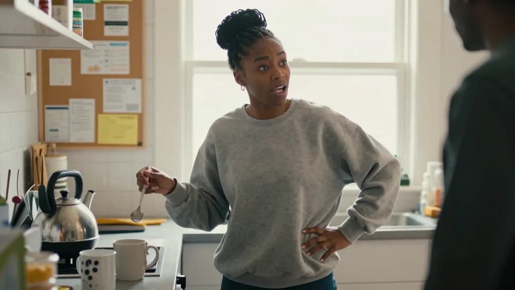 A Black woman in her mid twenties with braids pulled into a high bun is standing in a shared kitchen at work explaining something to a colleague, a kettle bo…