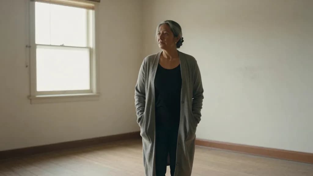 A Latina woman in her early fifties with grey-streaked hair in a low bun is standing in a completely empty room of an old house, bare floorboards and a singl…