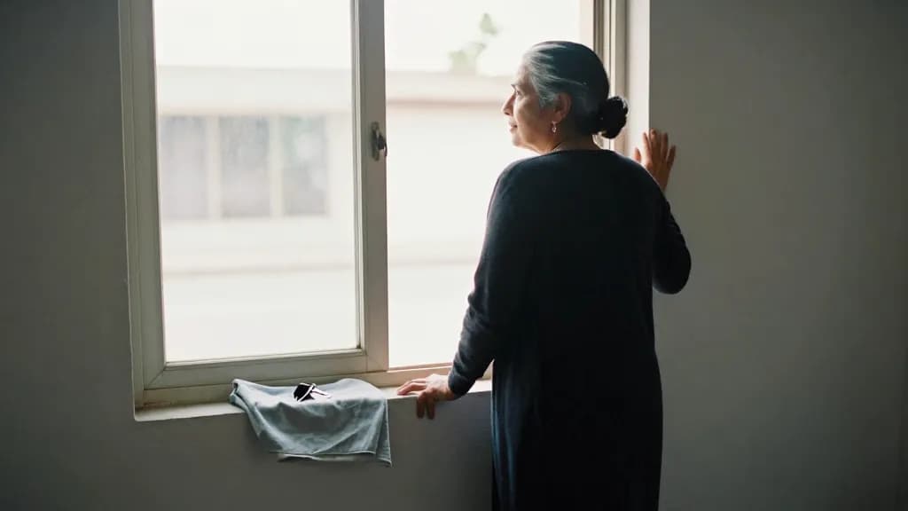 A Latina woman in her early fifties with grey-streaked hair in a low bun is standing at the window of the empty room with her back to the camera, looking out…