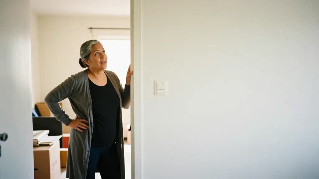A Latina woman in her early fifties with grey-streaked hair in a low bun is standing in a doorway between two rooms, one behind her packed with furniture and…
