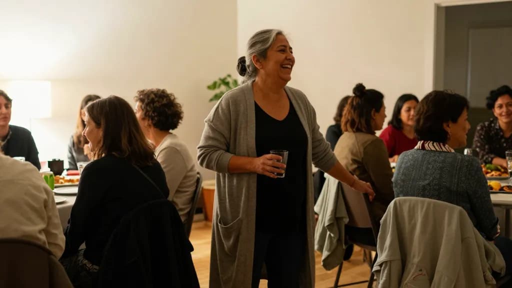 A Latina woman in her early fifties with grey-streaked hair in a low bun is in the same room now full of people at an evening gathering, chairs carried in fr…