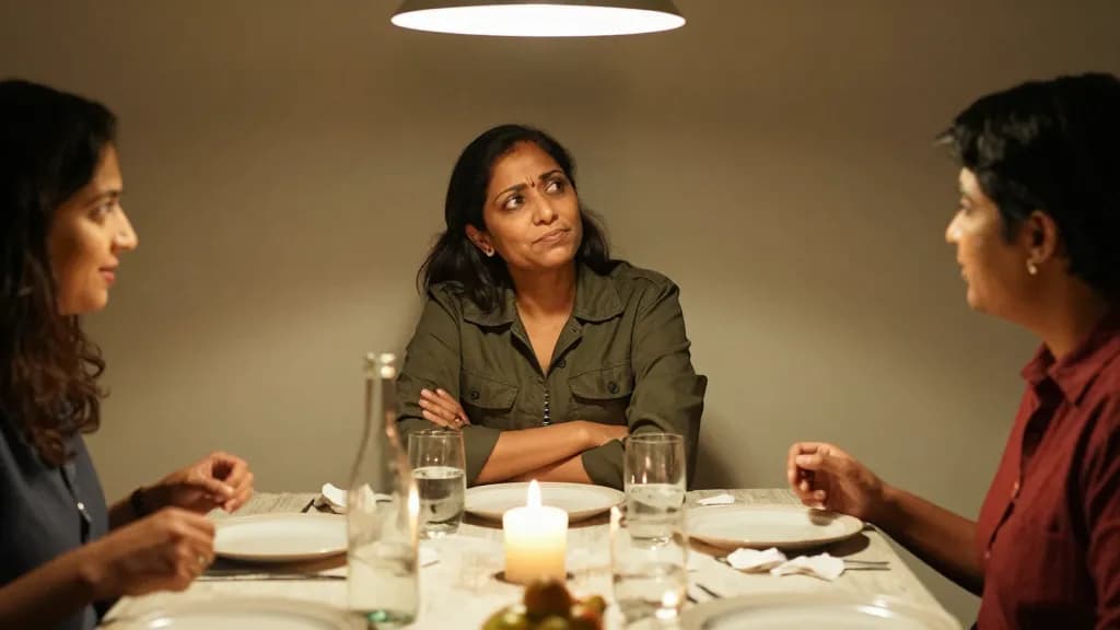 A South Asian woman in her forties with long dark hair pushed back is at a dinner table mid conversation with three friends, plates pushed back and a candle…