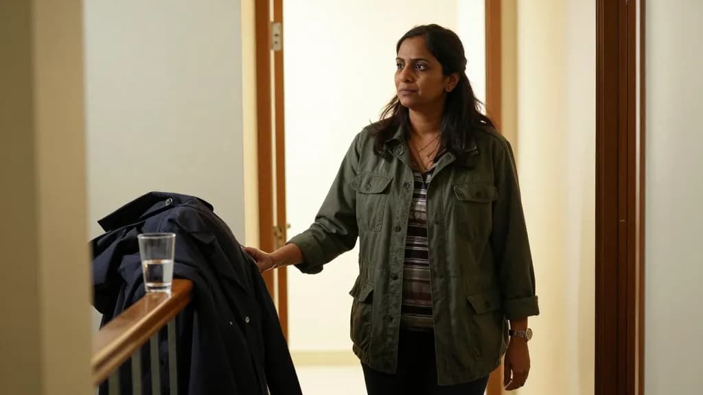 A South Asian woman in her forties with long dark hair pushed back is standing alone in a quiet hallway at a party, coats piled on a bannister post beside he…