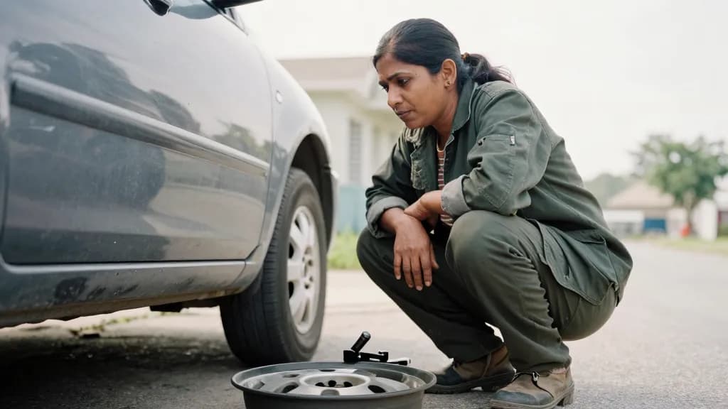 A South Asian woman in her forties with long dark hair pushed back is crouched at the front wheel of a car on a suburban kerb, a wheel brace and a hubcap set…