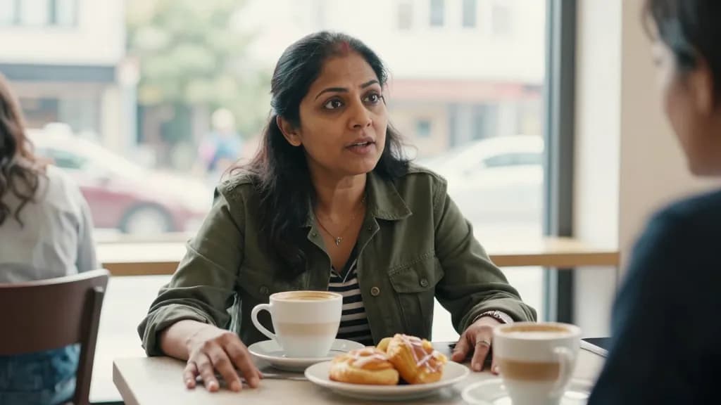 A South Asian woman in her forties with long dark hair pushed back is sitting across a café table from a friend on a bright weekday morning, two coffees and…