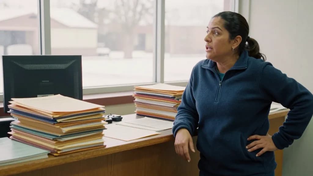 A Latina woman in her forties with dark hair in a low ponytail is standing at the wooden service counter of a county clerk's office, stacks of manila folders…