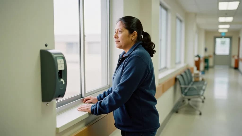 A Latina woman in her forties with dark hair in a low ponytail is standing at a hospital records department window in a quiet corridor, a numbered ticket dis…