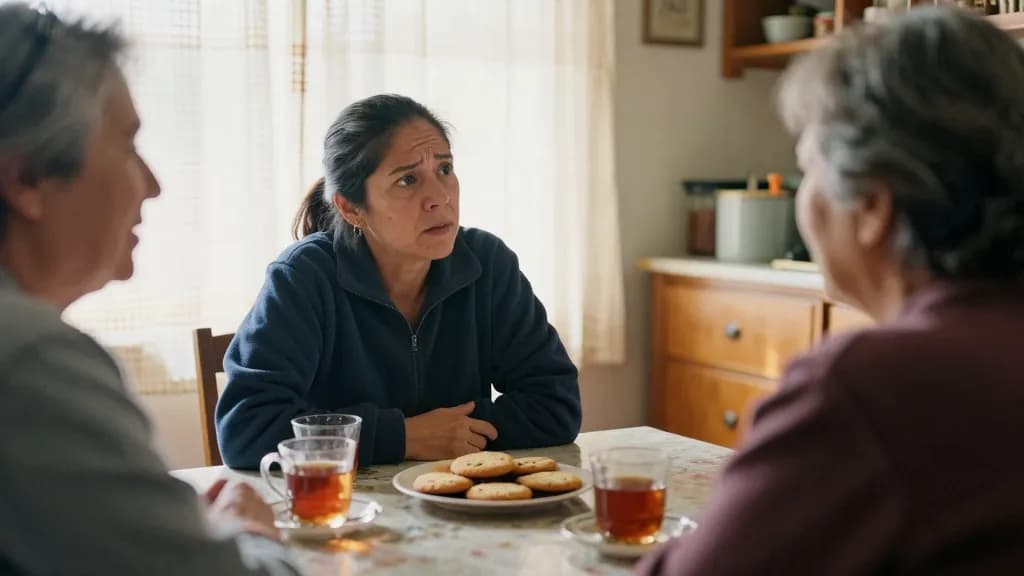A Latina woman in her forties with dark hair in a low ponytail is at a kitchen table with two older relatives, tea and a plate of biscuits between them and a…
