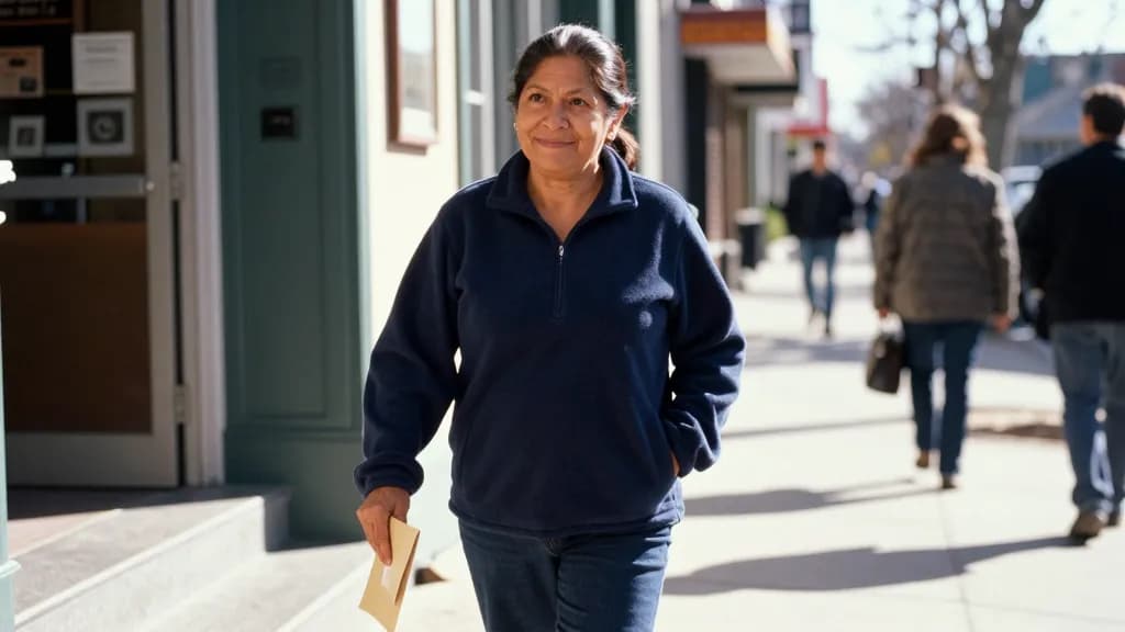 A Latina woman in her forties with dark hair in a low ponytail is walking down the steps outside the records office into bright afternoon sun with a folded e…
