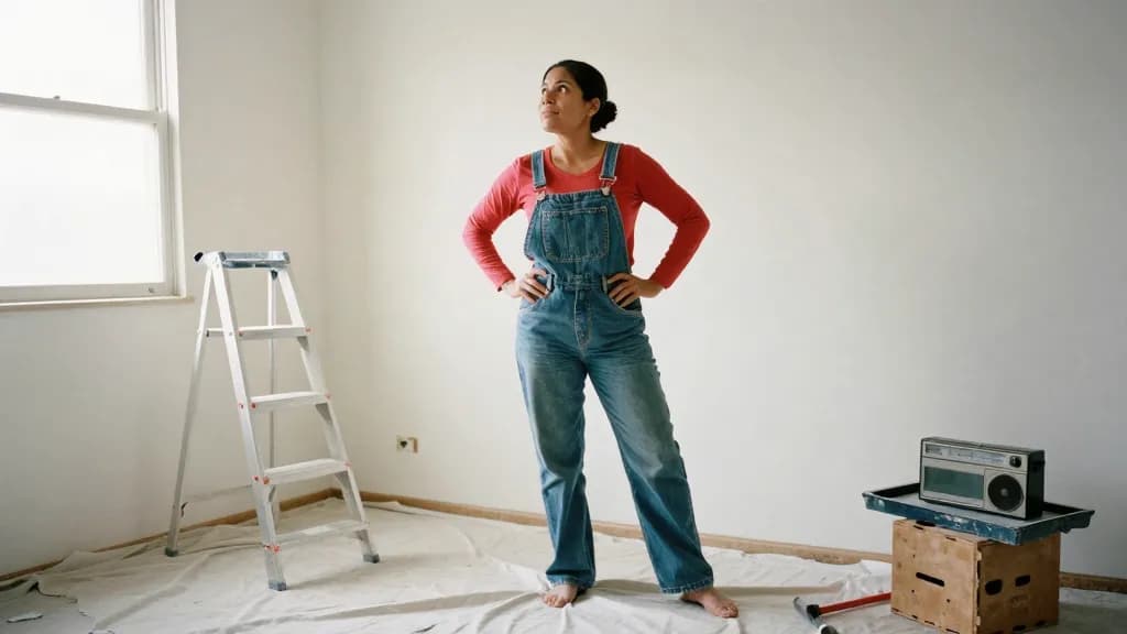 A Latina woman in her mid thirties with dark hair tied in a knot is standing in the middle of a half-renovated room, dust sheets over the floor, a stepladder…