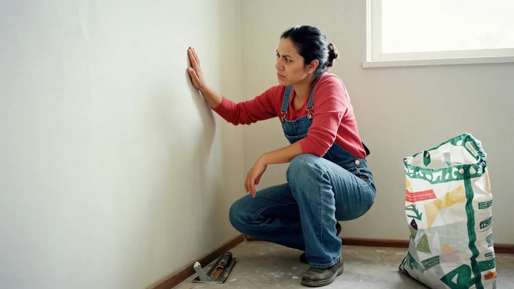 A Latina woman in her mid thirties with dark hair tied in a knot is crouched at the bottom corner of a bare wall with a scraper resting flat on the floor bes…