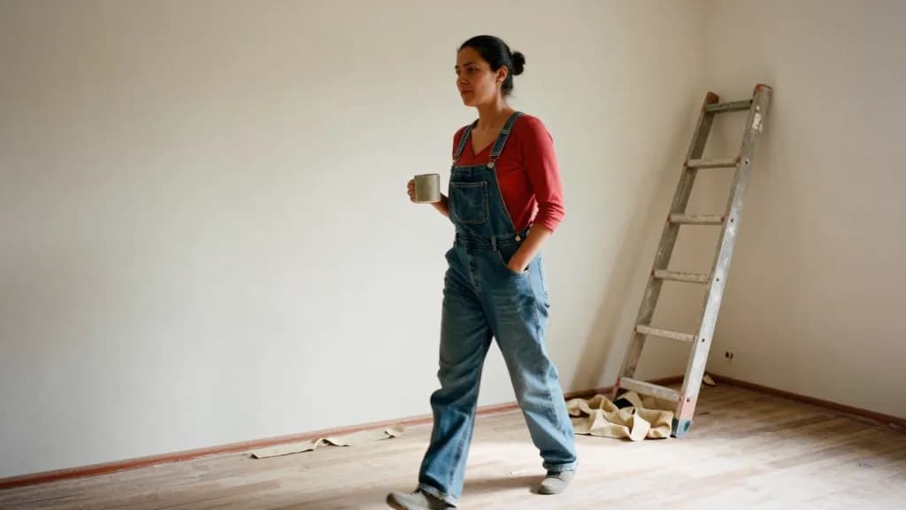 A Latina woman in her mid thirties with dark hair tied in a knot is walking slowly across the stripped room with a mug in one hand and the other hand in her…