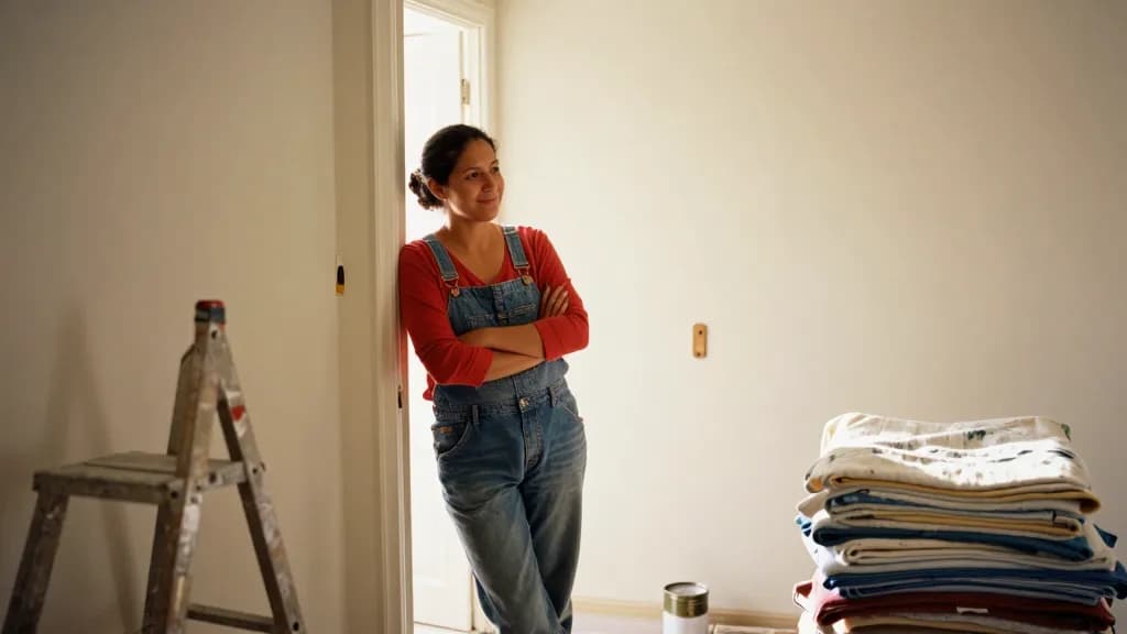 A Latina woman in her mid thirties with dark hair tied in a knot is standing in the doorway of the finished room in the late afternoon, the sheets folded and…