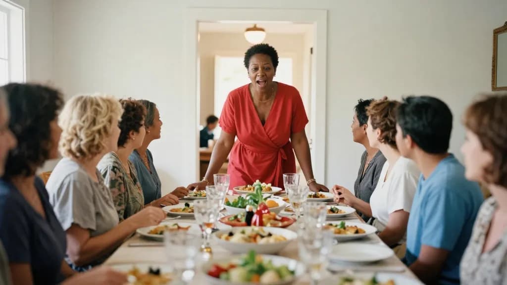 A Black woman in her forties with close-cropped natural hair is at the head of a long crowded dining table mid celebration, serving dishes and half-full glas…