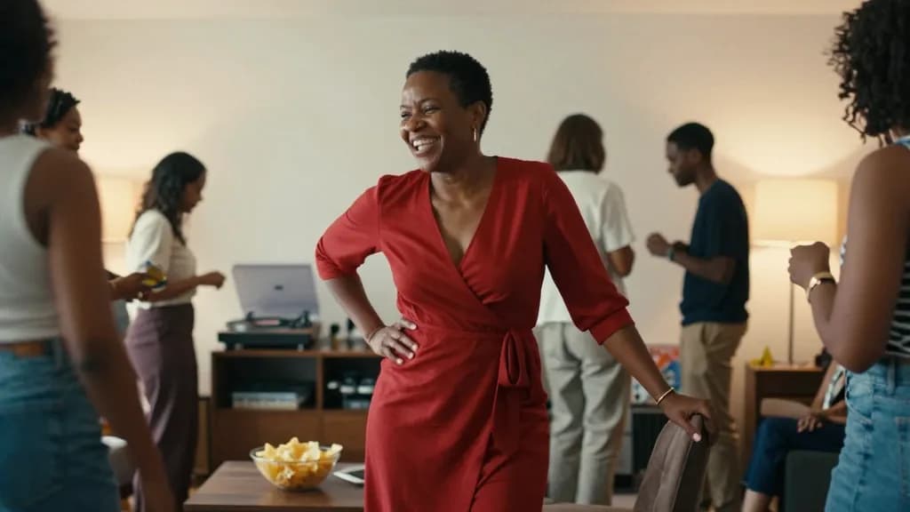 A Black woman in her forties with close-cropped natural hair is standing in the middle of a busy front room at a party, people in loose groups around her, a…