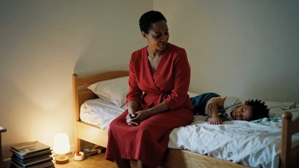 A Black woman in her forties with close-cropped natural hair is sitting on the edge of a child's bed in a dim bedroom, a small lamp on the floor and a pile o…