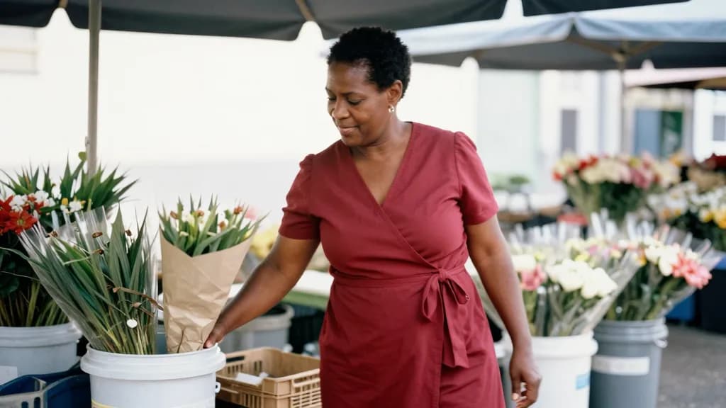 A Black woman in her forties with close-cropped natural hair is standing at a flower stall on a bright market street, buckets of cut stems ranked in front of…