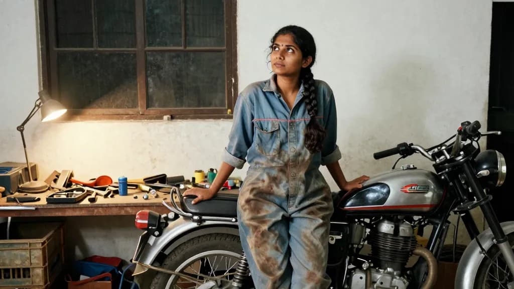A South Asian woman in her late twenties with a long dark plait is standing in a cluttered home workshop with a vintage motorcycle up on a stand in front of…