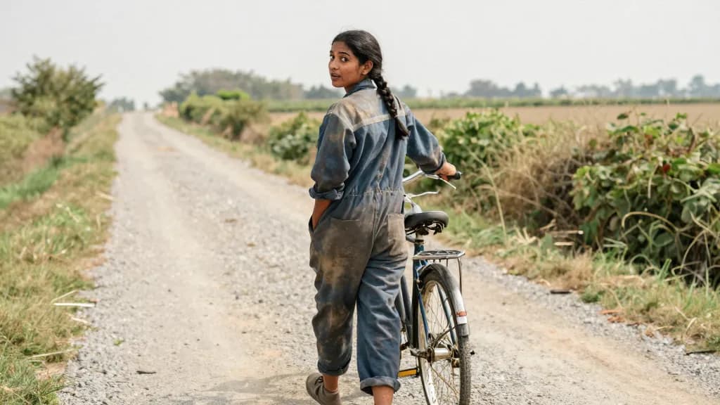 A South Asian woman in her late twenties with a long dark plait is walking back along a gravel track she has already come down, hedges either side and a bicy…