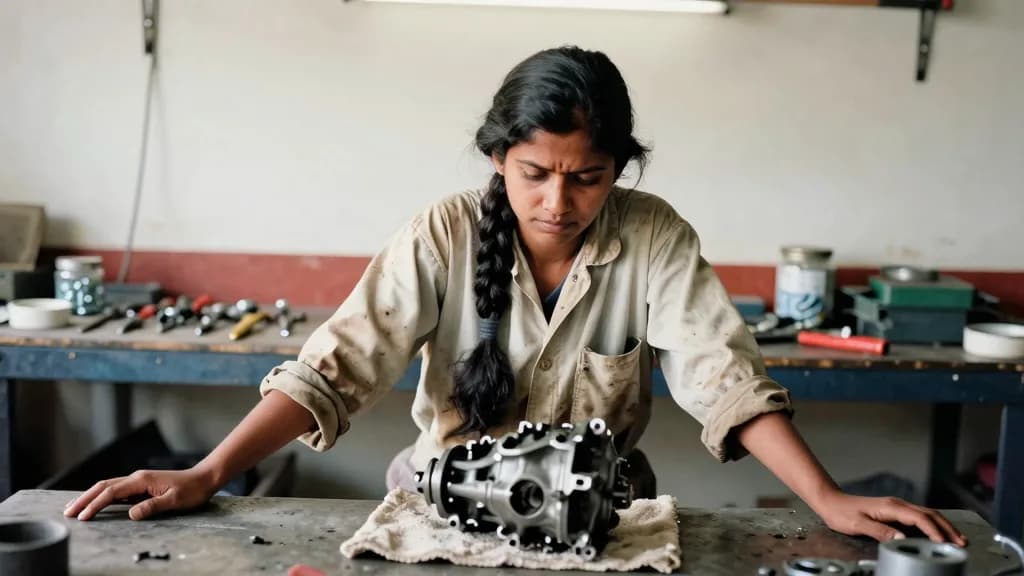 A South Asian woman in her late twenties with a long dark plait is sitting at a workbench in the workshop with an engine part resting on a cloth in front of…