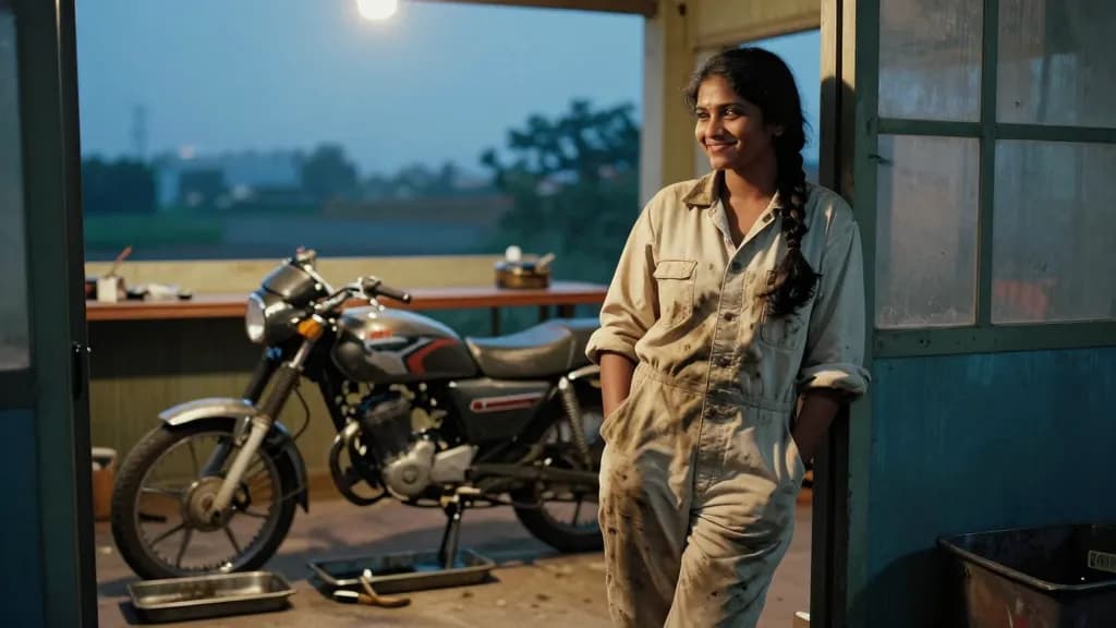 A South Asian woman in her late twenties with a long dark plait is standing in the workshop doorway at dusk looking back in at the half-stripped motorcycle,…