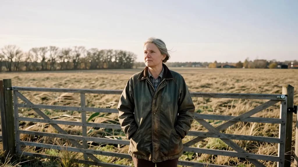 A white woman in her early fifties with grey-streaked hair tied back is standing at the edge of a wide open field in the late afternoon, a wooden gate behind…