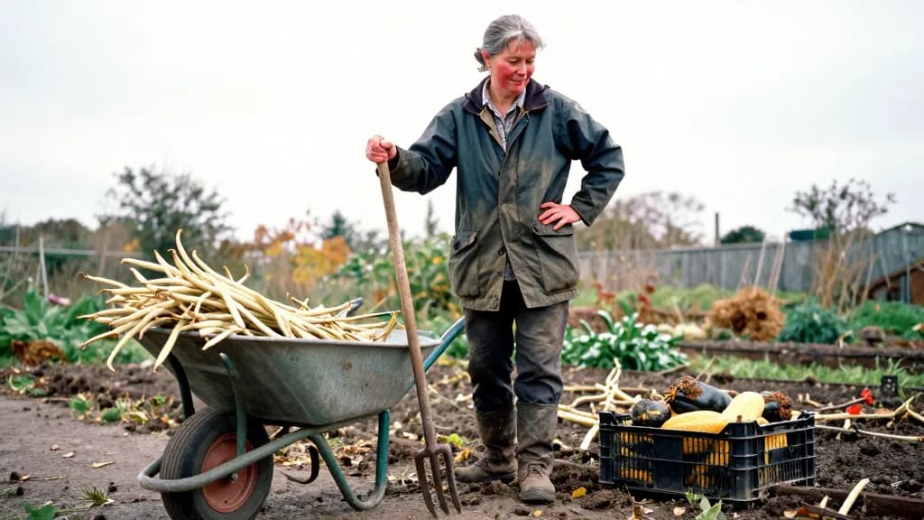 A white woman in her early fifties with grey-streaked hair tied back is working an allotment bed in autumn, a wheelbarrow of pulled bean canes beside her, a…