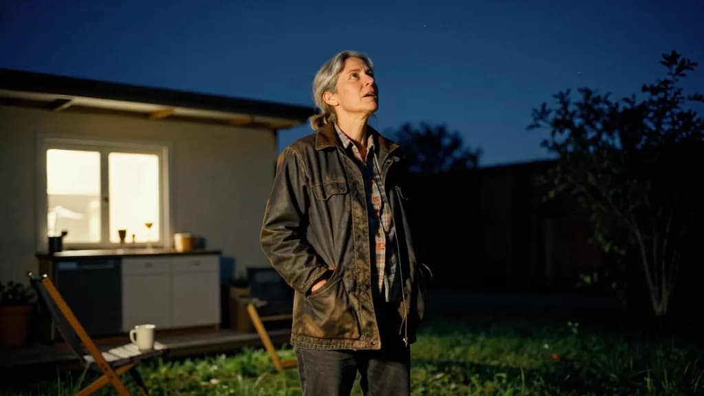A white woman in her early fifties with grey-streaked hair tied back is standing in a dark garden late at night, the kitchen window throwing a warm rectangle…