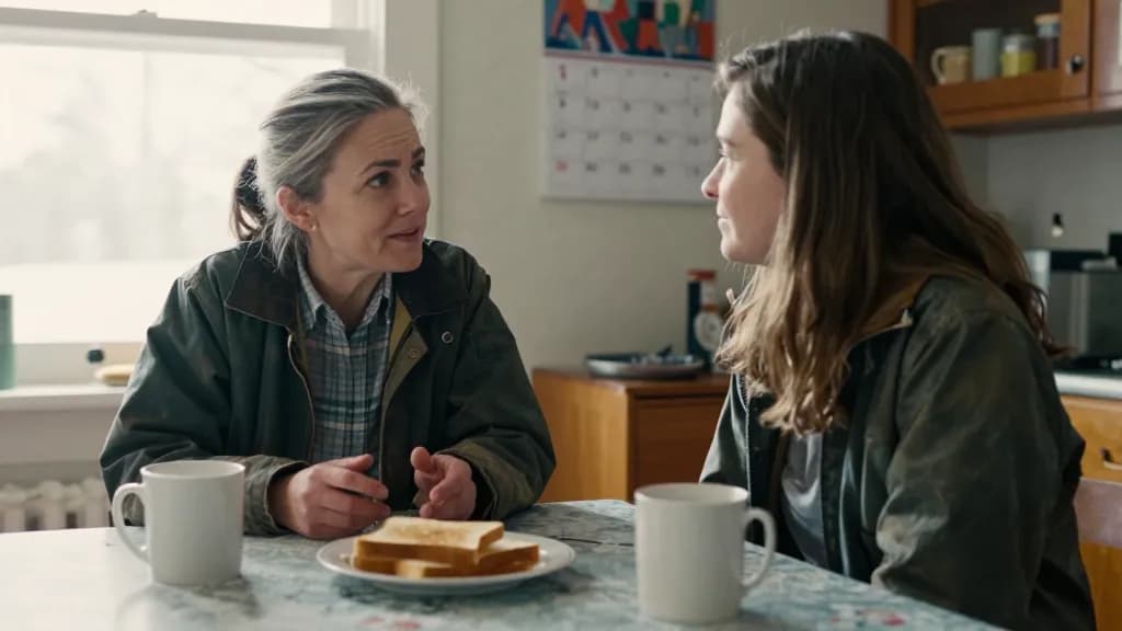 A white woman in her early fifties with grey-streaked hair tied back is at a kitchen table with her adult daughter on a winter morning, two mugs and a plate…