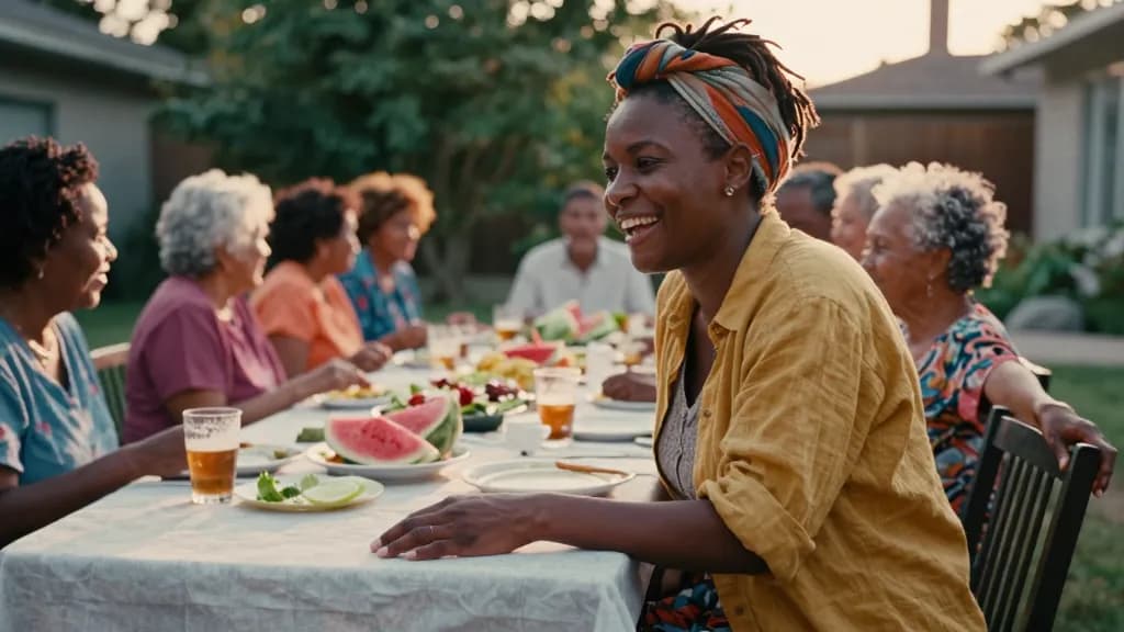 A Black woman in her mid thirties with locs gathered up in a headwrap is at a long outdoor table at a big family gathering in a back yard, mismatched chairs…