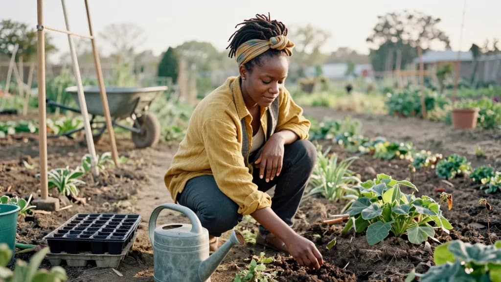 A Black woman in her mid thirties with locs gathered up in a headwrap is crouched in a community garden bed early on a spring morning, seed trays and a water…